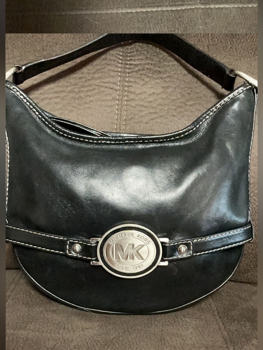 Michael Kors Smooth Black Leather Crescent Shoulder Bag with Silver MK Emblem